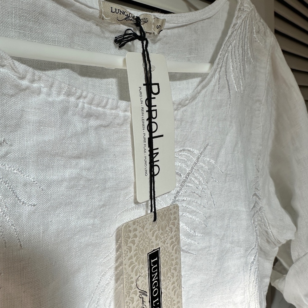 Lungo L'Arno Linen Blouse Short Sleeve Tropical Palm Embroidery Side Buttons - Picture 6 of 17